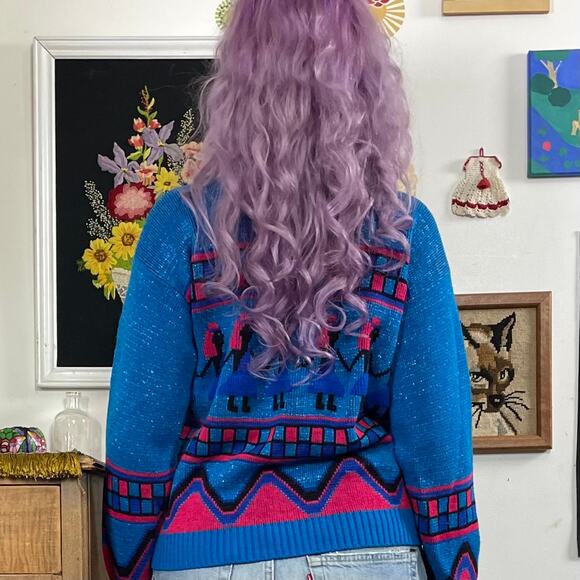 Vintage Metallic Novelty Sweater, 1980s Paper Doll Lady Pullover, Sz L-XL - Picture 3 of 12